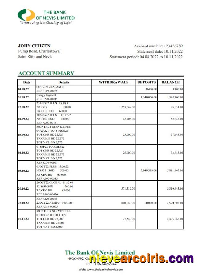 Saint Kitts and Nevis The Bank of Nevis bank statement xls